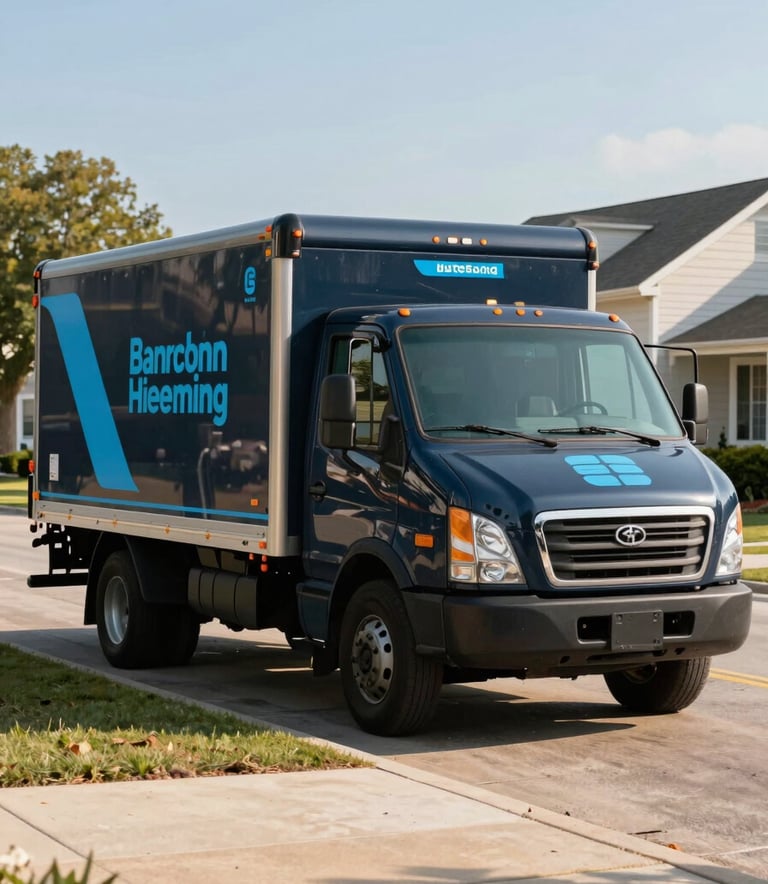 A modern, well-maintained removal truck in dark charcoal blue parked in a clean Oklahoma City neighborhood. The truck features professional branding in sky blue. The composition is a sharp three-quarters view under a bright afternoon sun.