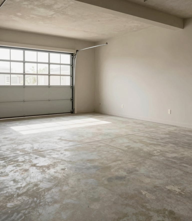 A wide-angle photo of a perfectly organized and swept residential garage in Oklahoma. The concrete floor is a clean Pale Mist color, emphasizing a stress-free, clutter-free environment.