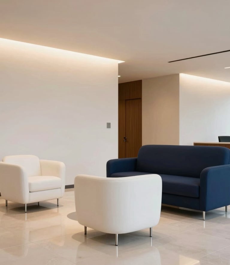 Detailed interior shot of a sophisticated law firm lobby in South America. Minimalist furniture in crisp white and navy blue, with soft golden yellow lighting reflecting off polished surfaces. High-end photography.