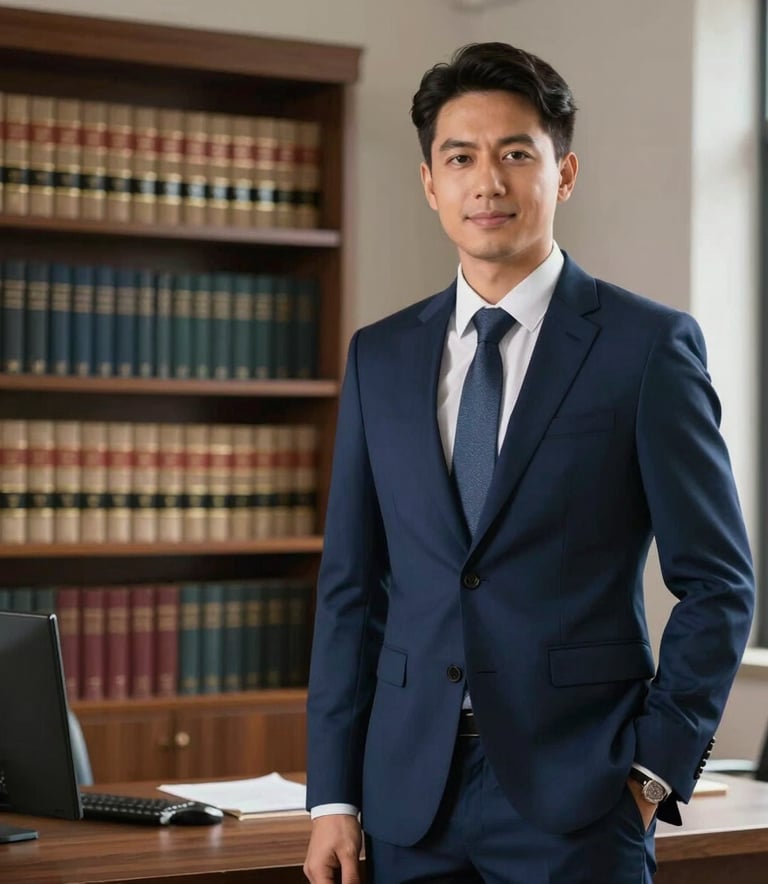 A professional legal consultant in a well-tailored navy blue suit standing in a sunlit office in a South American capital. The background features a blurred bookshelf of legal volumes. High-end architectural photography style.
