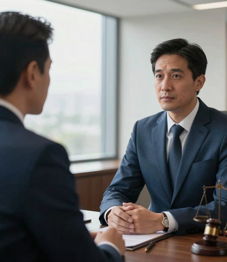Two professional lawyers in formal business attire having a calm, professional discussion in a bright, modern legal office in South America. Soft natural light, sophisticated atmosphere, Alice blue and medium blue tones.