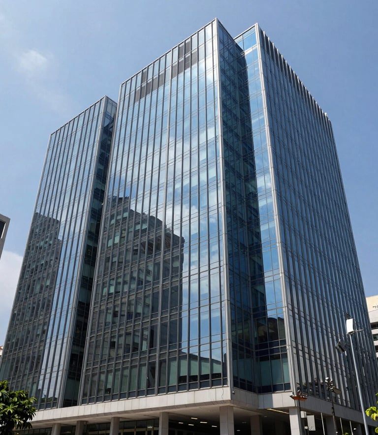 The modern glass facade of a prestigious legal firm headquarters in a bustling South American financial district. Professional architectural photography, bright daylight, reflections of alice blue sky.