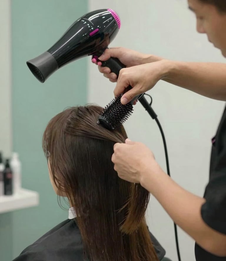 Professional hairdresser expertly styling hair with a dryer and brush. The scene conveys high-quality service and attention to detail. Soft lighting with brand colors #B4C4C3 and #607D7D integrated into the background.