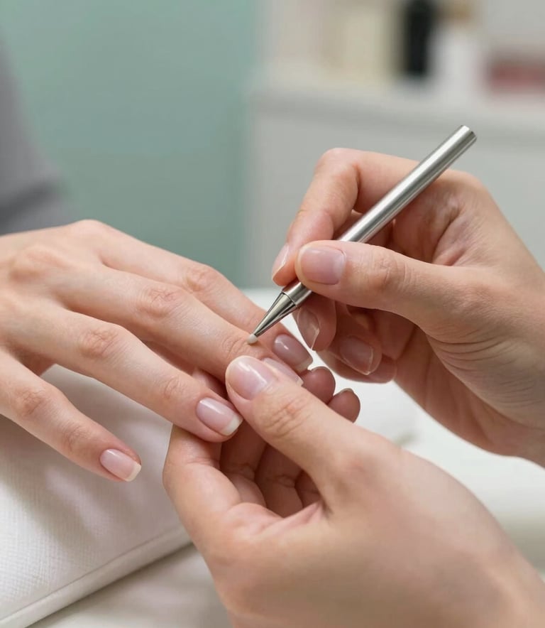 A close-up of a professional manicure being performed in a serene, modern salon. Soft, diffused lighting highlights clean cuticles and a minimalist nail polish application. The background features hints of #B4C4C3 and #F5F9F8 in the decor.
