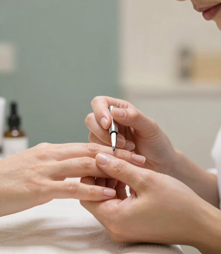 A close-up of a professional manicure session in a tranquil, modern salon. The lighting is soft and warm. The background features subtle accents of #B4C4C3 (sage grey) and #F5F9F8 (off-white). The image conveys professional care and a relaxing atmosphere.
