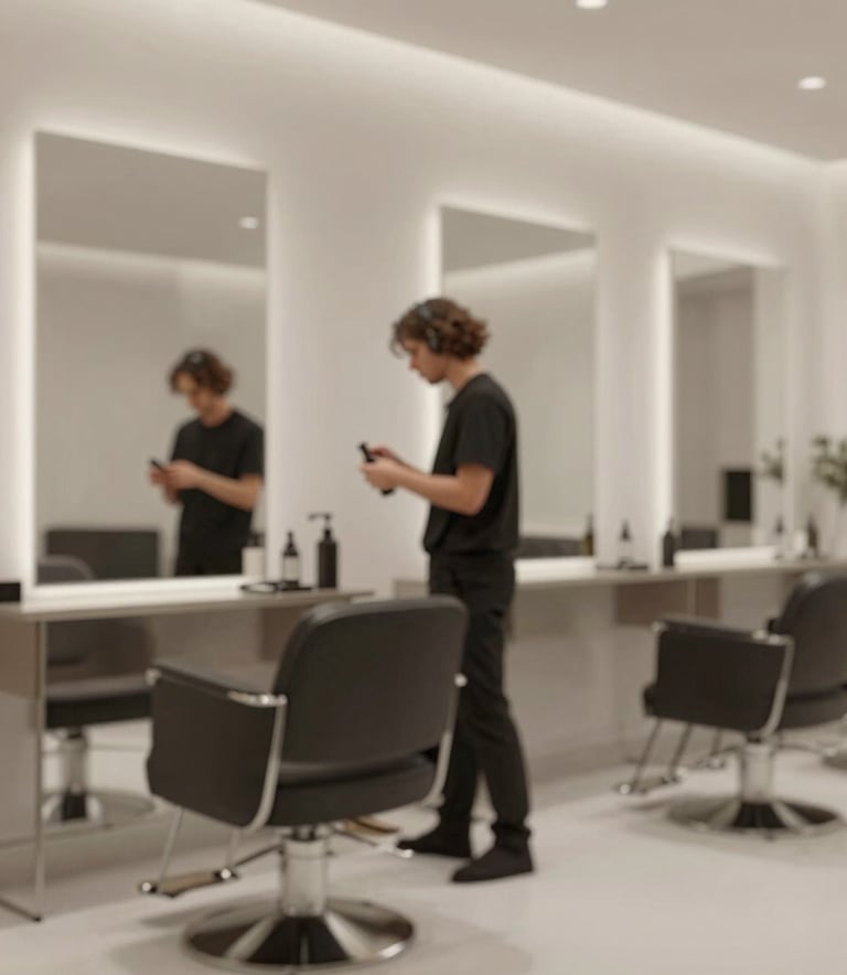A sophisticated and modern salon interior featuring minimalist decor. The color palette includes #2F3E3D and #F5F9F8. A professional stylist is seen working in the background, out of focus, creating a sense of activity within a peaceful setting.