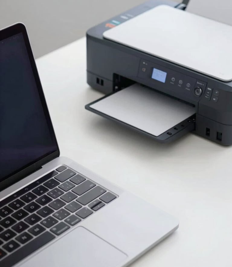 A top-down view of a workstation featuring a laptop and a modern inkjet printer, emphasizing a clean, wireless connection. Professional workspace vibe with #1B263B accents.
