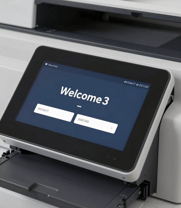 A close-up photograph of a modern printer's digital touchscreen interface showing a 'Welcome' setup screen. Professional lighting, clean aesthetics using a palette of #415A77 and #E0E1DD.
