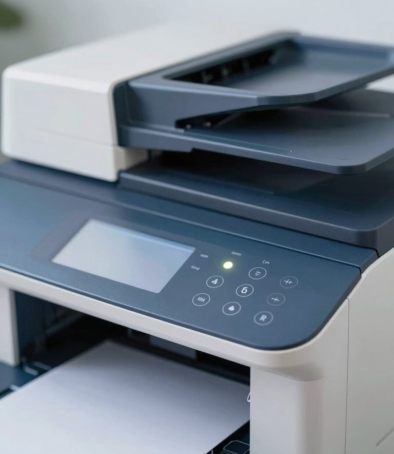 A close-up of a high-end office printer, focused on its sleek control panel with a glowing status light. The lighting is soft and professional, incorporating tones of #415A77 and #1B263B. The environment is a clean, modern workspace, projecting trustworthiness and efficiency.