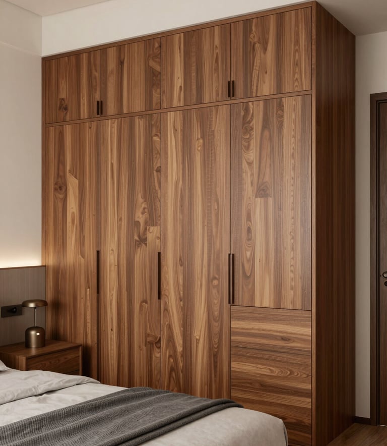A high-quality 3D architectural rendering of a master bedroom for a Bangalore 3BHK flat, showing customized wardrobes and elegant wood finishes. Professional and clean aesthetic.