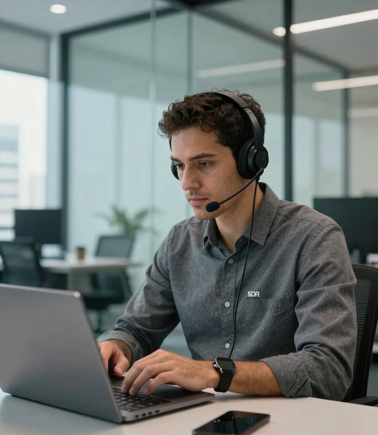 A focused South American / Brazilian SDR professional wearing a headset, working on a laptop in a bright, modern glass-walled office in São Paulo. The scene is professional with Charcoal Grey and Bright Cyan accents in the office decor.