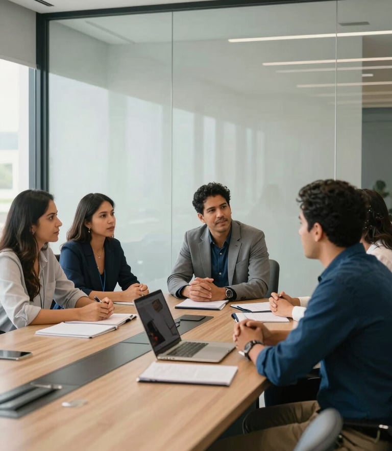 A team of South American / Brazilian professionals collaborating in a bright, modern glass-walled conference room. They are dressed in business casual attire, with the office decor featuring soft off-white walls and navy blue accents.