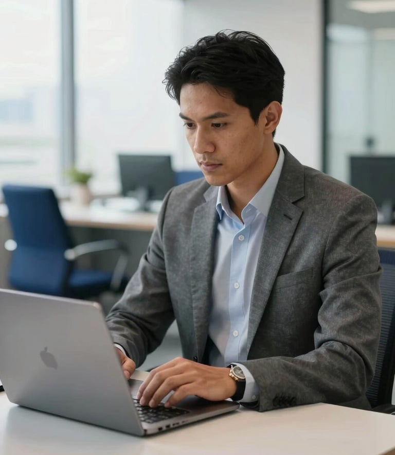 A focused professional in a modern South American / Brazilian corporate office environment, working on a laptop at a clean desk. The background is softly blurred with hints of slate grey and navy blue furniture and bright, natural morning light.