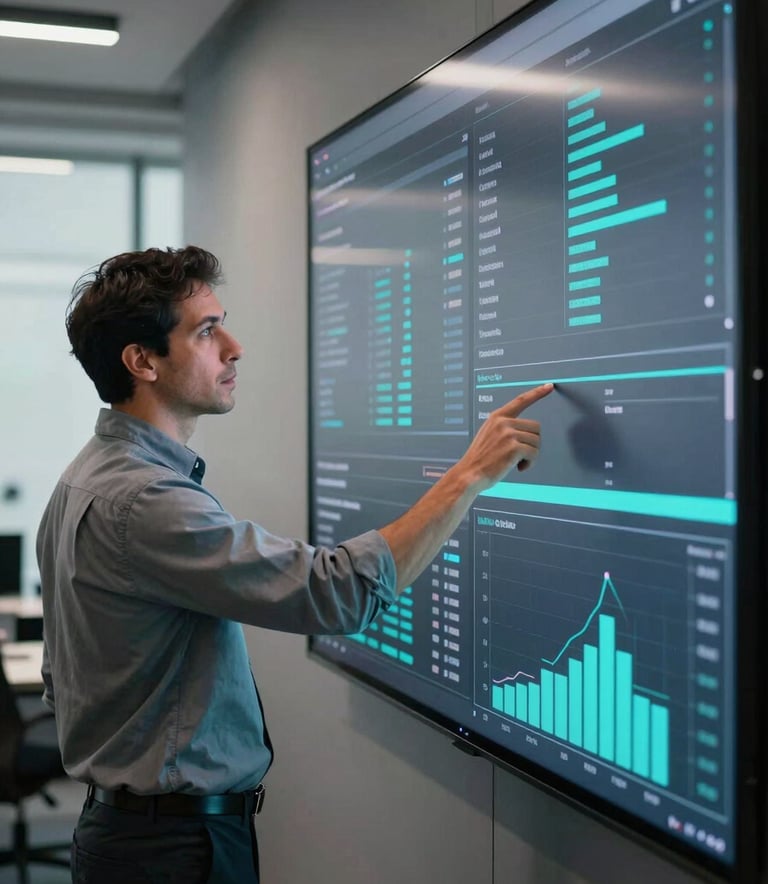 A South American / Brazilian professional analyst pointing at a large digital screen displaying data dashboards. The environment is a high-tech office with professional lighting in Charcoal Grey and Bright Cyan.