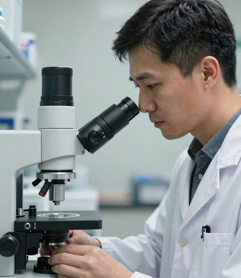 A close-up photograph of a professional medical researcher in a clean lab environment, wearing a white coat, working with precision equipment in a room with soft blue and off-white lighting.