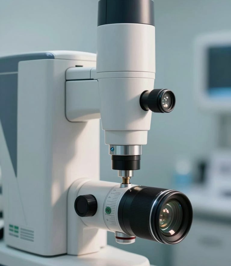 A close-up photograph of high-precision medical diagnostic equipment in a sterile clinical environment. The lighting is bright and clear, highlighting the sleek design of the device. The background features soft blue and pale mist tones, reflecting a professional medical atmosphere.