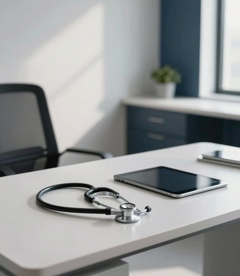 A clean, modern medical consultation office with minimalist furniture. A stethoscope sits on a pale mist desk next to a digital tablet. The room is bright with natural light, featuring subtle dark navy accents in the decor.
