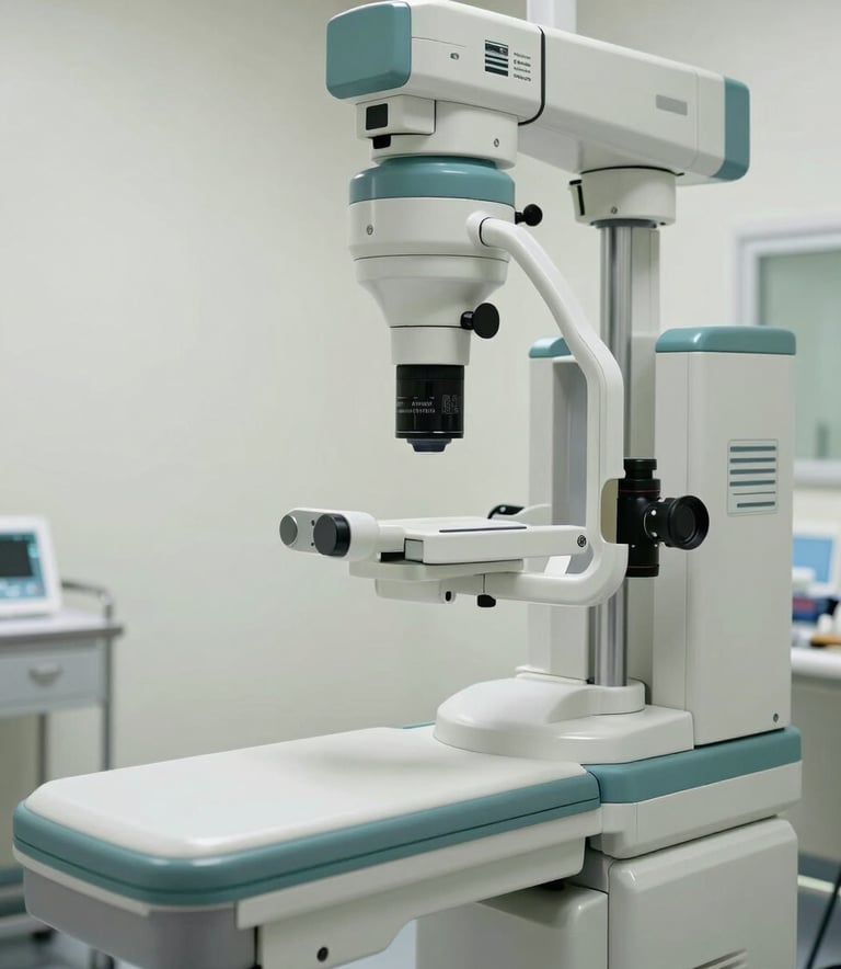 A sleek, minimal photograph of advanced medical diagnostic equipment in a bright hospital room, featuring muted teal and off-white surfaces.