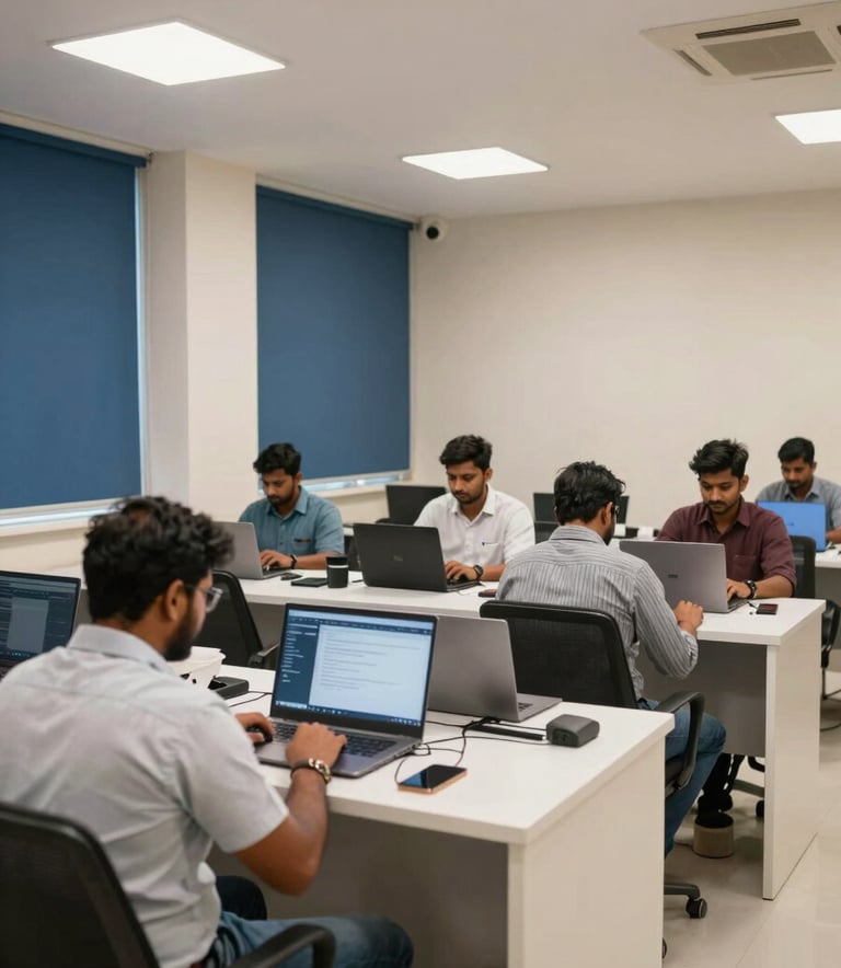 An wide-angle shot of a modern laptop service center in Thane, showing an efficient and clean workspace. South Asian staff are focused on their work at tidy benches under bright, professional lighting. The room is decorated in off-white and dark blue.