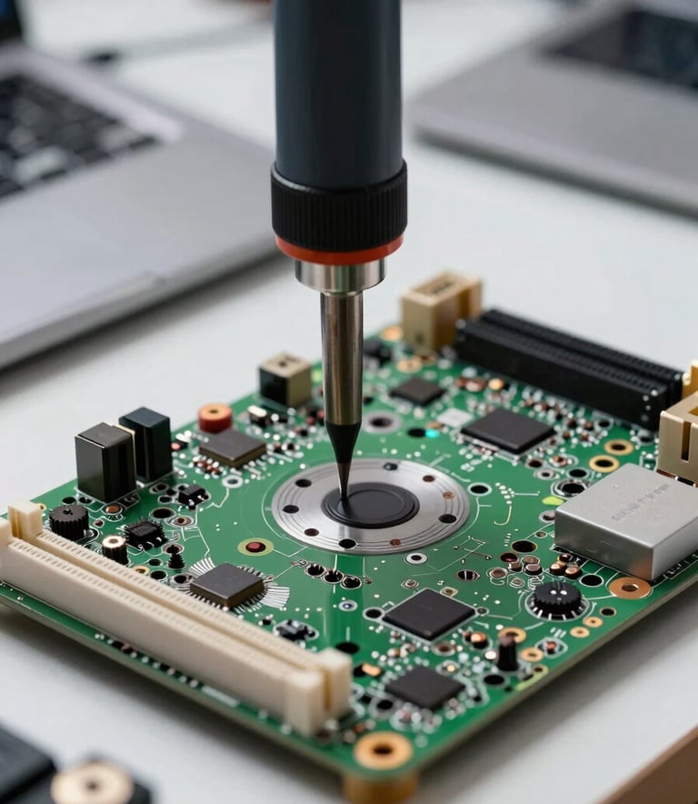 A macro photograph of a complex laptop motherboard with professional soldering equipment in focus, set in a clean, efficient technical environment.