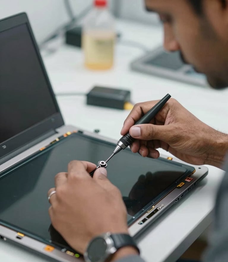 A close-up photograph of a skilled South Asian / Indian technician's hands carefully replacing a laptop screen using precision tools in a bright, modern workshop.