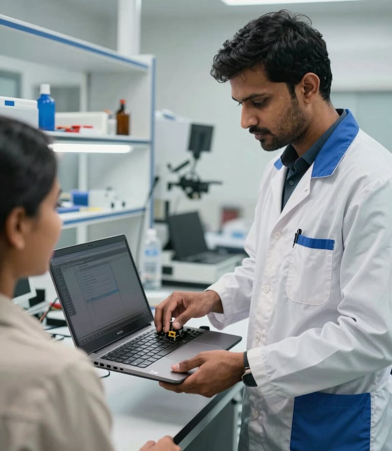 A professional South Asian technician in a clean, modern lab in Thane, presenting a perfectly repaired laptop to a satisfied customer. The lighting is bright and efficient, with a color palette of steel blue and off-white. The atmosphere is one of technical expertise and trust.