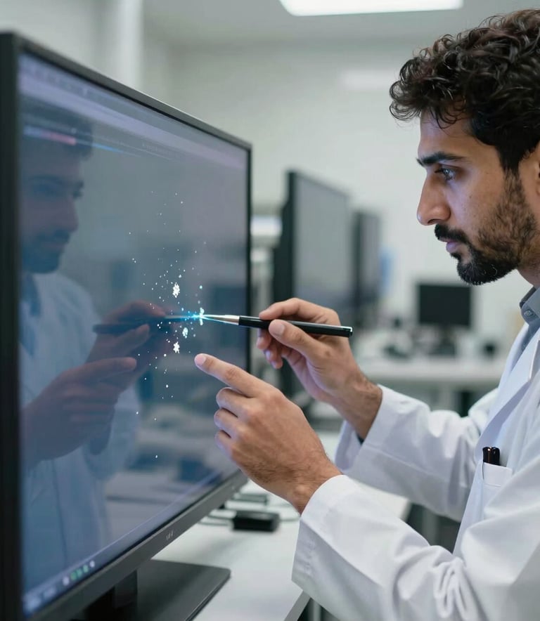 A focused photography shot of a technician examining a crystal-clear television screen for defects. The background is a professional workshop in Dubai, blurred to focus on the technician's careful work. Lighting is cool and balanced, with a sophisticated professional mood. Middle Eastern / Gulf setting.