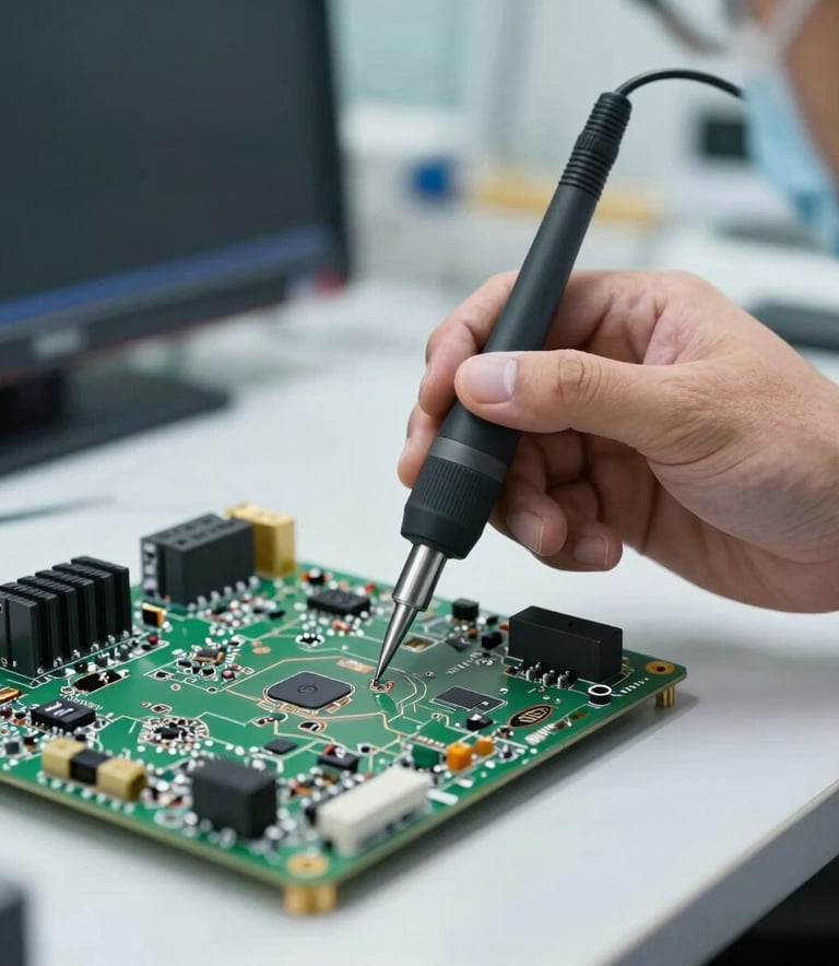 A close-up photograph of a technician's hand using a precision probe to test internal circuits on a high-definition television mainboard. The scene is bright and professional, set in a modern Middle Eastern / Gulf repair workshop. The lighting is clean and clinical, emphasizing reliability and expert craftsmanship.