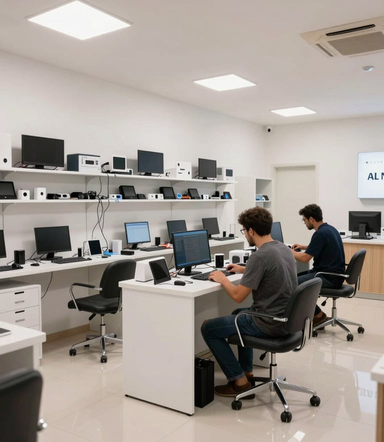 A wide shot of a clean, modern electronics repair shop in Al Nahda, Dubai. Middle Eastern / Gulf interior design, featuring organized technical equipment and a welcoming professional customer area.