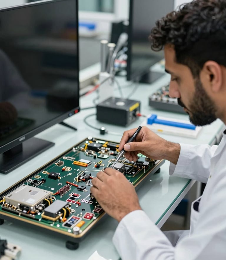Professional photography of a Middle Eastern technician working on an open LED television panel in a brightly lit Dubai service center. The atmosphere is professional and clean, using precision tools.