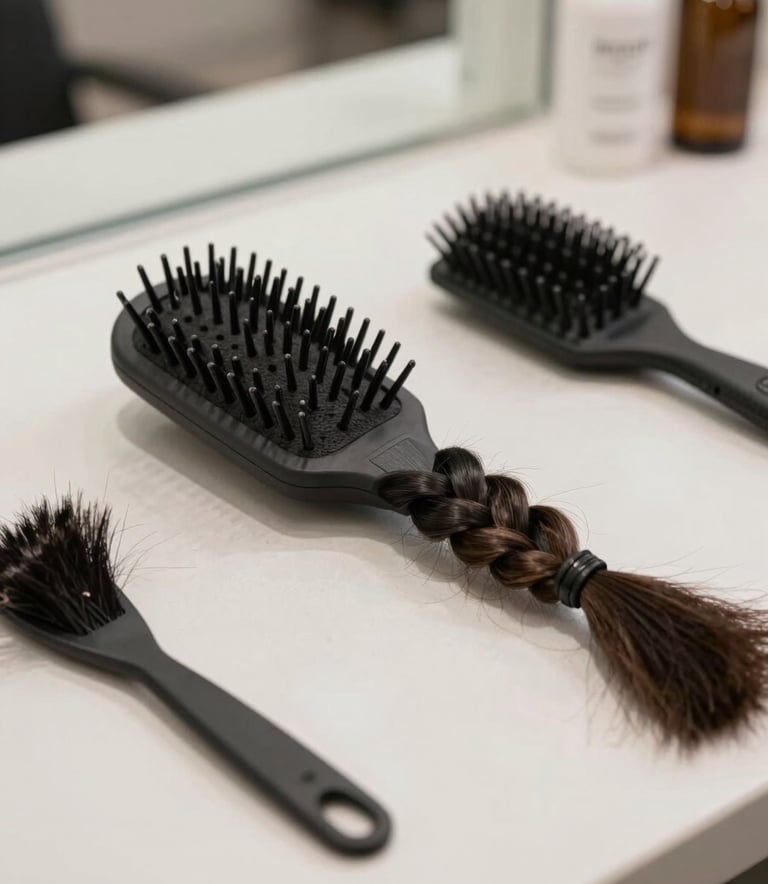 Close-up of professional braiding tools, high-quality hair fibers, and accessories neatly arranged on a minimalist table. The lighting is soft and professional, incorporating a sophisticated color palette of #4A6B6A and #F6F8F7 to reflect Suellen's modern salon aesthetic.