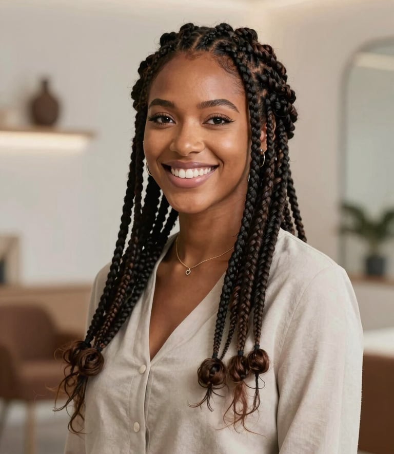 A professional and welcoming portrait of Suellen, a stylish woman with impeccably crafted braids, smiling in her bright, modern studio. The atmosphere is elegant and inviting, with soft shadows and a color scheme emphasizing #AEC0BB and #1A2C2B in the decor.