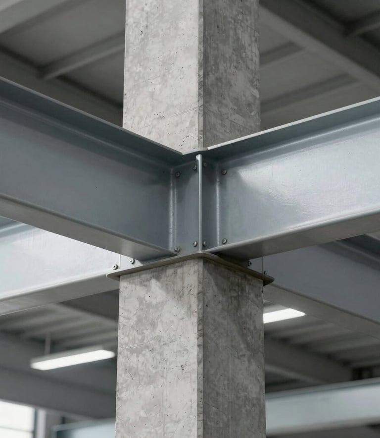 Detailed professional photograph of a modern industrial joint between a concrete column and a steel beam in a Guadalajara warehouse. Sharp technical focus, clean architectural lines, minimalist style with gray and white tones.
