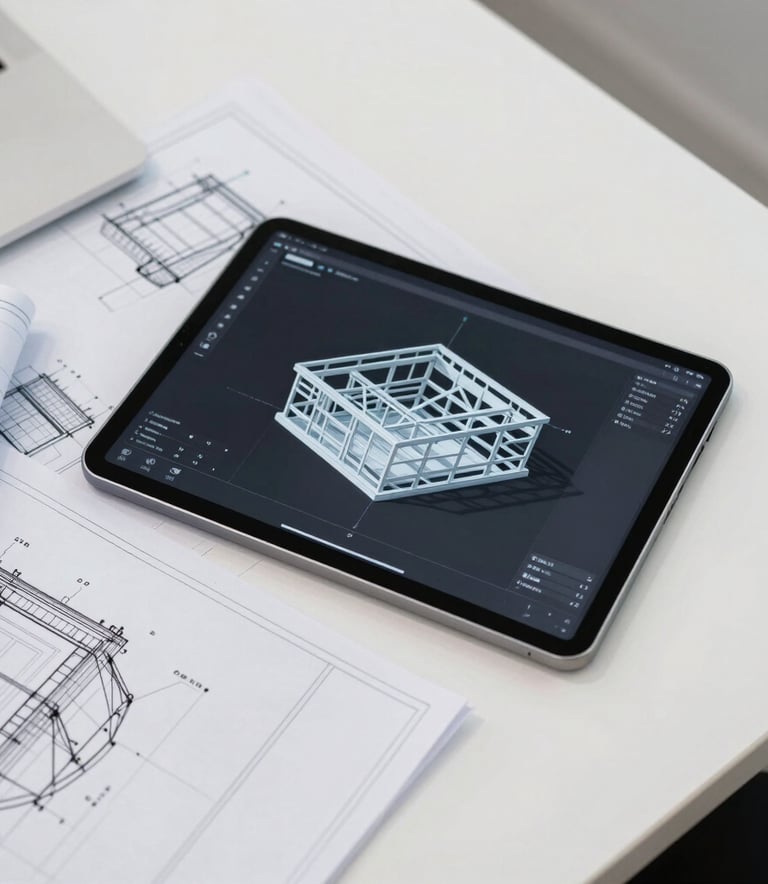 Clean overhead shot of structural blueprints and a high-precision digital tablet showing a 3D structural model. Minimalist white office environment in Mexico, professional and technical atmosphere.