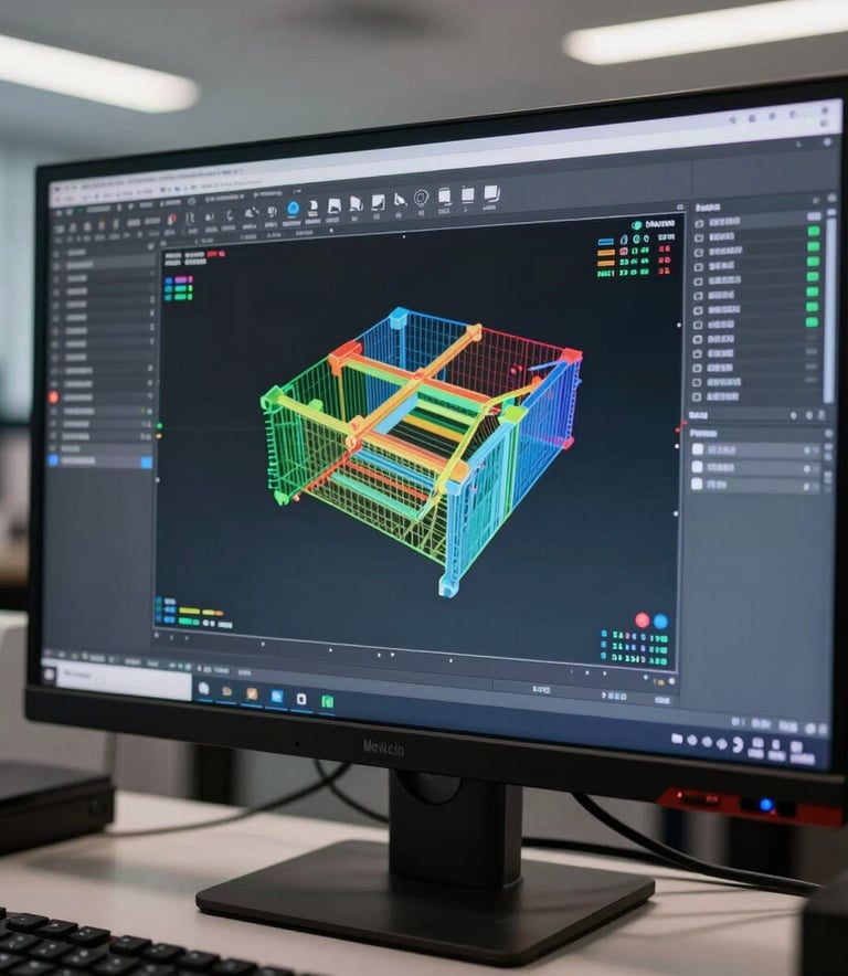 A close-up photograph of a high-resolution computer monitor displaying a sophisticated 3D structural finite element analysis model in a clean Mexican engineering office. The lighting is soft and professional, highlighting the precision of the CAD/CAE software.