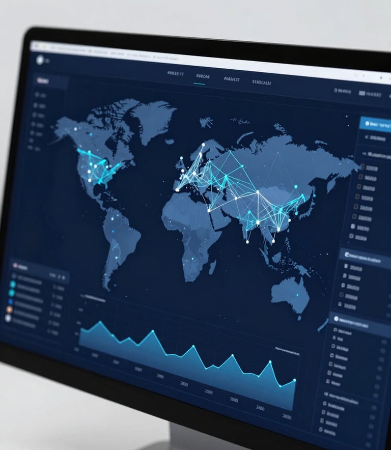 A sophisticated, high-tech dashboard display showing market penetration maps and neural network growth patterns. The aesthetic is clean and minimalist, using a palette of #0A1E37 and #5E80A0, with sharp white #F8FAFC data points and black #1A1A1A borders for UI elements.