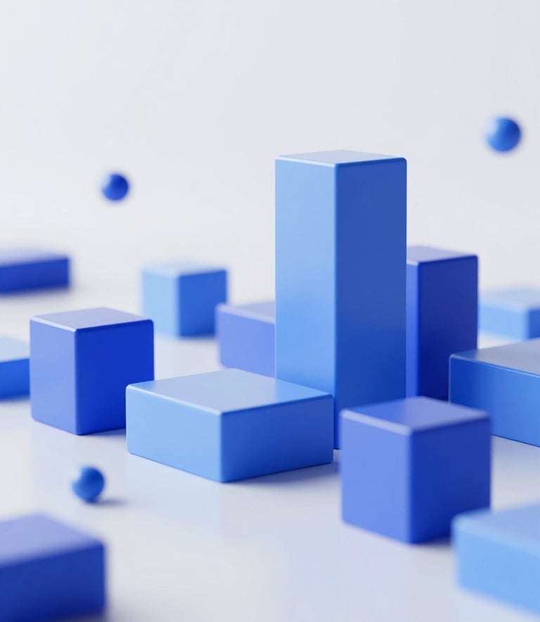 An elegant, minimalist 3D rendering of an abstract data landscape. Geometric shapes in #5E80A0 and #0A1E37 interact under soft, premium lighting, reflecting a professional and intelligent SaaS brand atmosphere against a light #F8FAFC background.