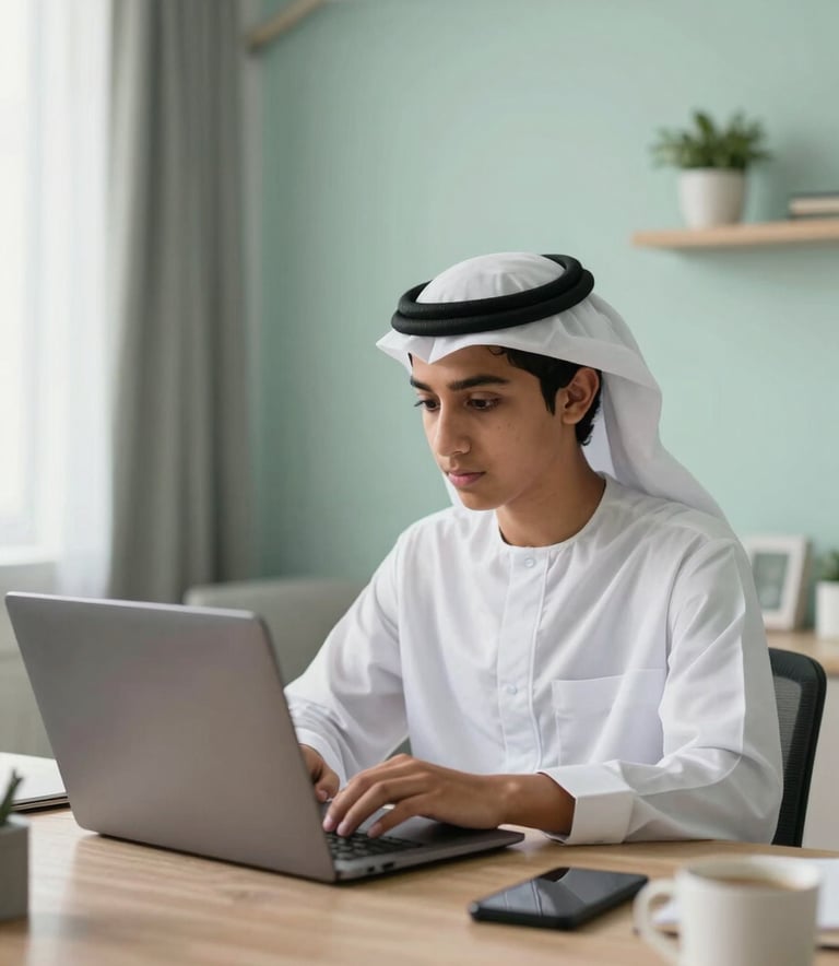 High-quality photography of a focused Middle Eastern teenager sitting in a modern, brightly lit home office in the Gulf, coding on a sleek laptop. The atmosphere is calm and professional with soft natural light and subtle seafoam green accents in the decor.