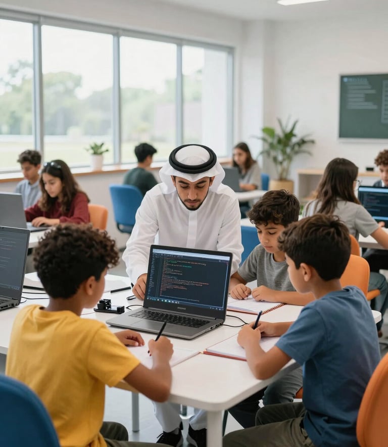 Photography of a group of vibrant Middle Eastern children working together on a coding project in a modern, tech-focused classroom. The setting is clean and inviting with large windows, bright lighting, and colorful ergonomic furniture.