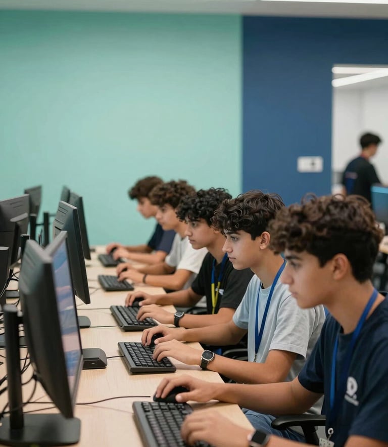 A photography of a group of teenagers in a modern educational hub in the Gulf, collaborating on a project with screens and keyboards visible. The setting is vibrant and professional with seafoam green and dark blue interior design elements.