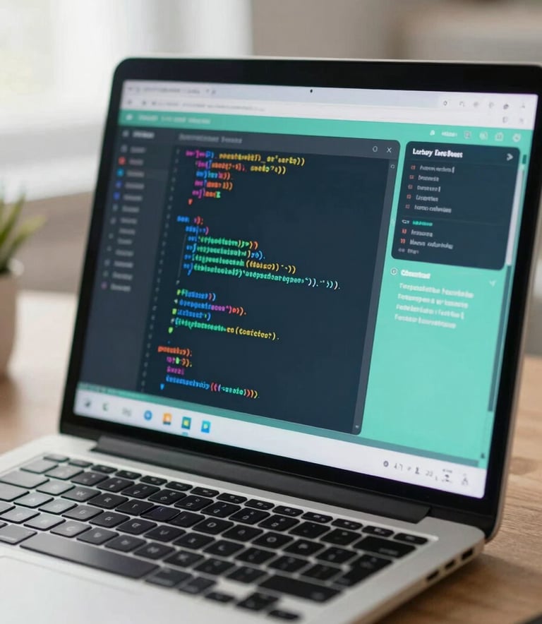 A close-up photograph of a sleek laptop screen showing colorful, simplified code blocks in an educational coding environment. The lighting is bright and natural, reflecting a clean and modern study space in a Middle Eastern home. The color palette includes soft seafoam green and blue tones.