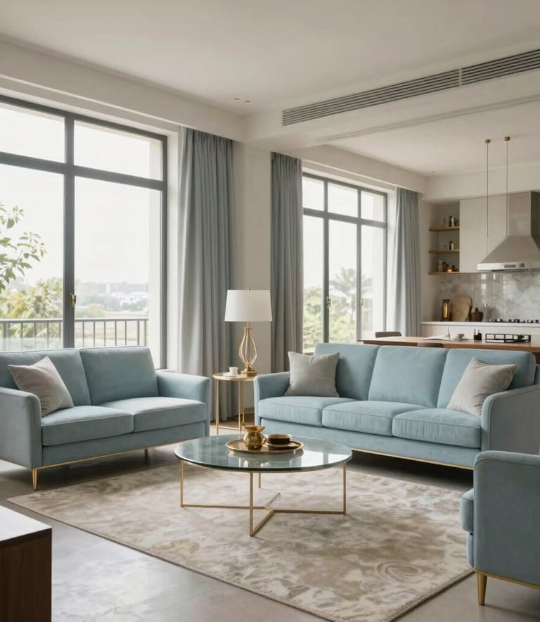 Wide shot of a minimalist and luxury Indian apartment living room with large windows, natural lighting, and elegant light blue furniture.