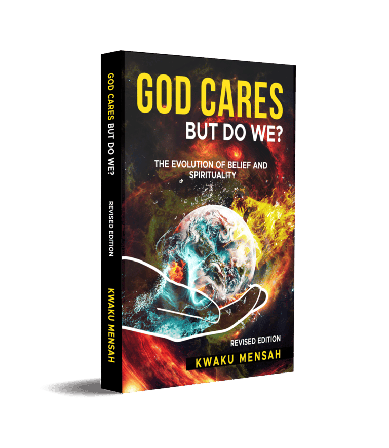 God Cares But Do We? book cover by Kwaku Mensah featuring the Earth in hands amidst space.