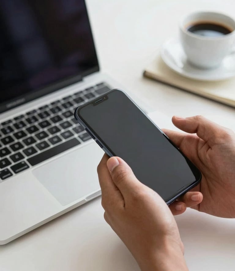 Close-up photography of a professional South American person's hands using a smartphone and a sleek laptop on a white desk, with a cup of coffee and notebook, clean and professional style.
