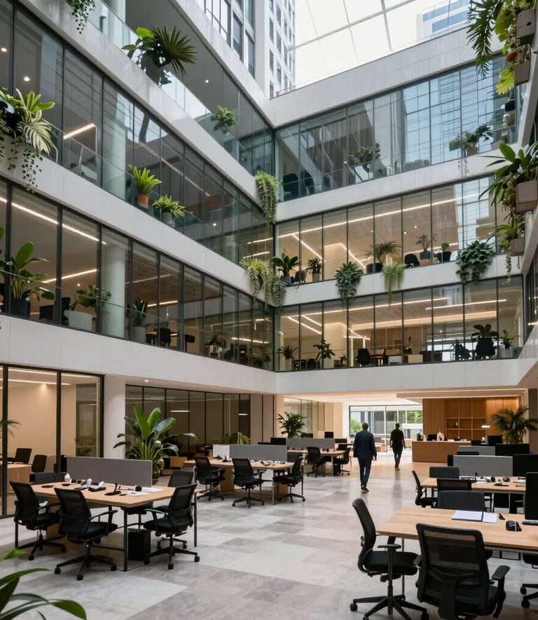 A wide shot of a modern architectural workspace in a South American city, featuring clean glass walls, indoor plants, and a dynamic professional atmosphere.