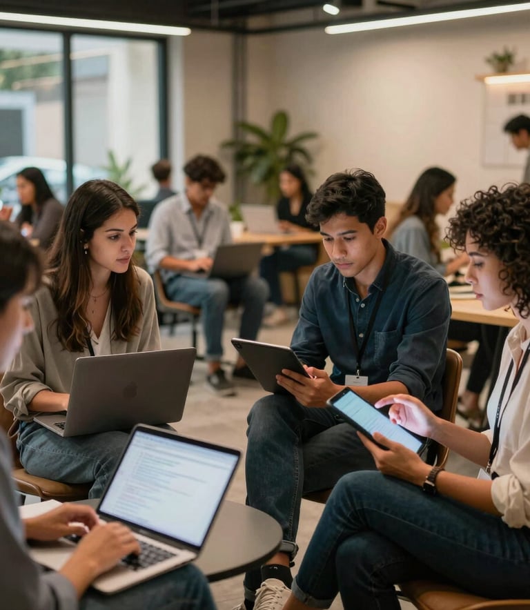 A dynamic photography of a modern co-working space in a South American metropolitan area. Young professionals are engaged in discussion, some using tablets and others laptops. The lighting is warm and natural, conveying a sense of empowerment, community, and professionalism.