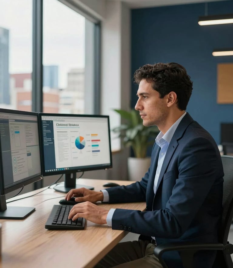A focused South American professional sitting in a modern, sun-drenched office in a vibrant Hispanic city, working on a digital marketing strategy on a dual-monitor setup. High-quality photography, professional lighting, clean and professional atmosphere with a subtle dark blue and amber color palette in the decor.