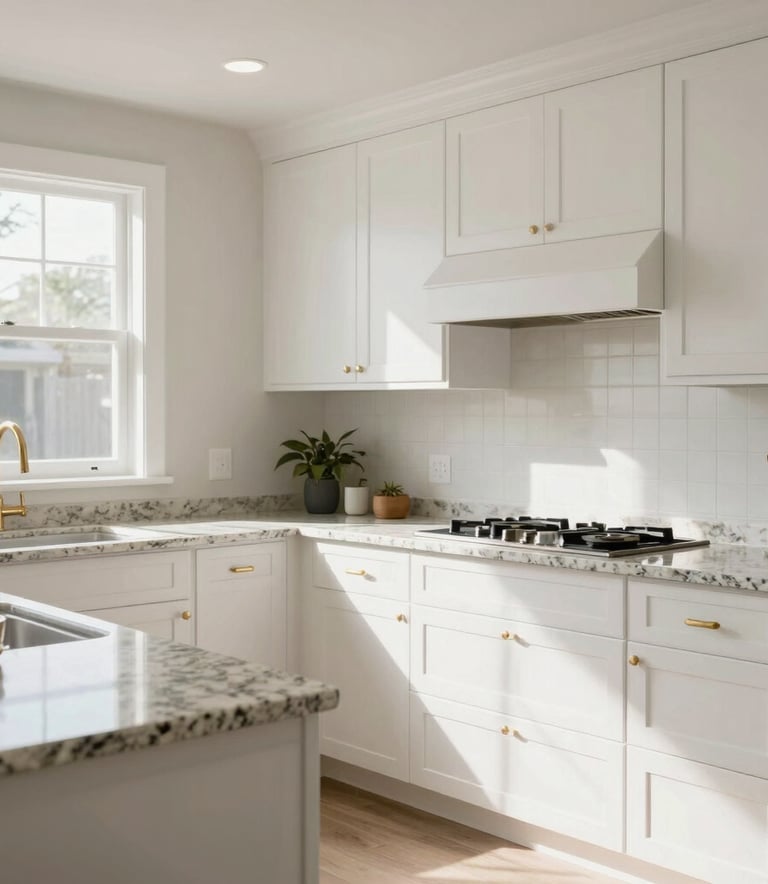 A bright, professionally remodeled kitchen featuring custom white cabinetry, granite countertops, and premium gold-toned fixtures. North American / US residential style, bright natural daylight, crisp and clean composition.