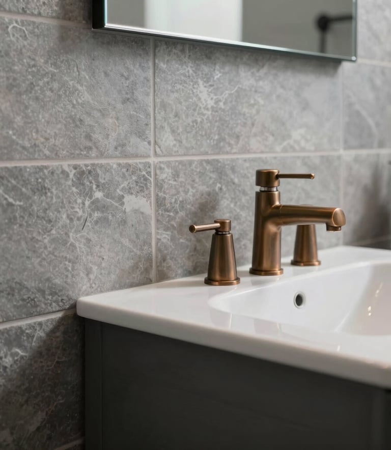 Close-up of a modern bathroom renovation featuring grey slate tiles, a minimalist vanity, and sleek bronze hardware. Sharp focus, clean and professional North American / US aesthetic.