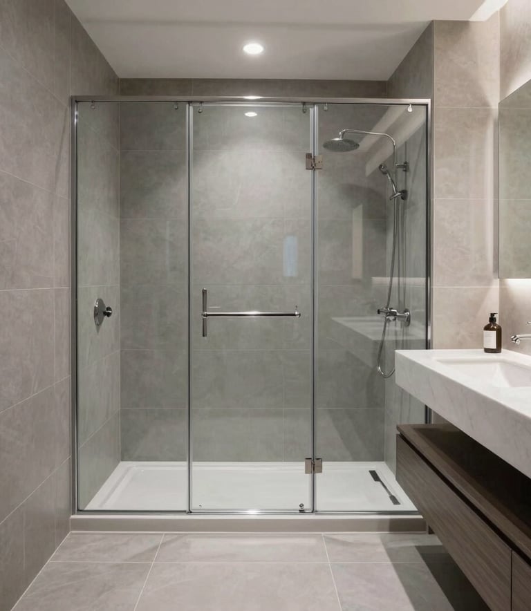 Wide shot of a completed minimalist master bathroom renovation with a glass-enclosed walk-in shower, sleek gray tiles, and a floating vanity in a modern North American residence.
